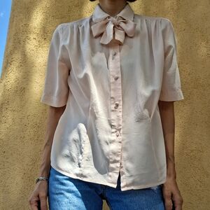 80s Silk Baby Pink Tie Neck Blouse